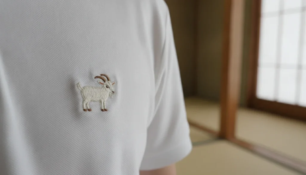 白いポロシャツの胸元にあるヤギの刺繍をクローズアップした様子