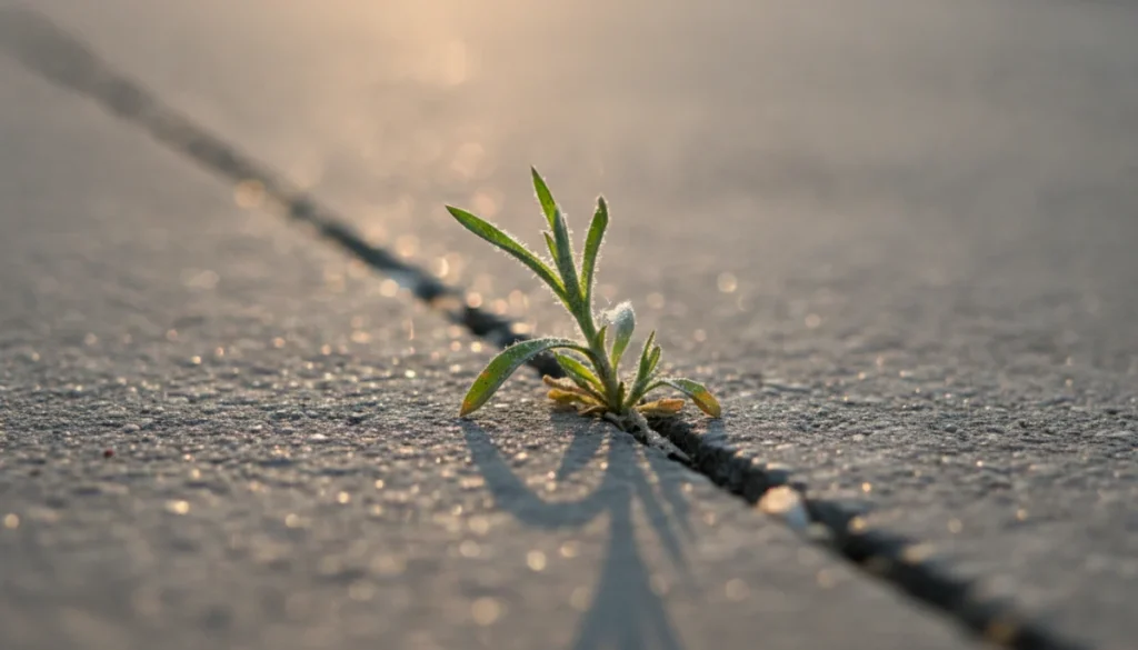 コンクリートの割れ目に生える緑の草のクローズアップ