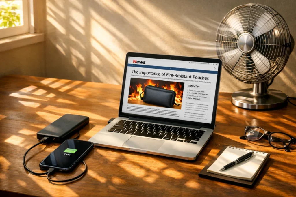 机の上に置かれたモバイルバッテリーとノートPC、窓からの日差しと扇風機