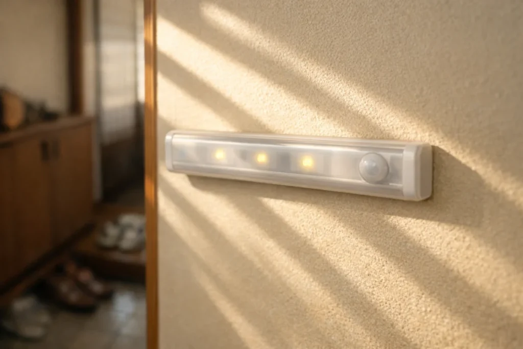 玄関の壁に取り付けられた白い人感センサーLEDライト