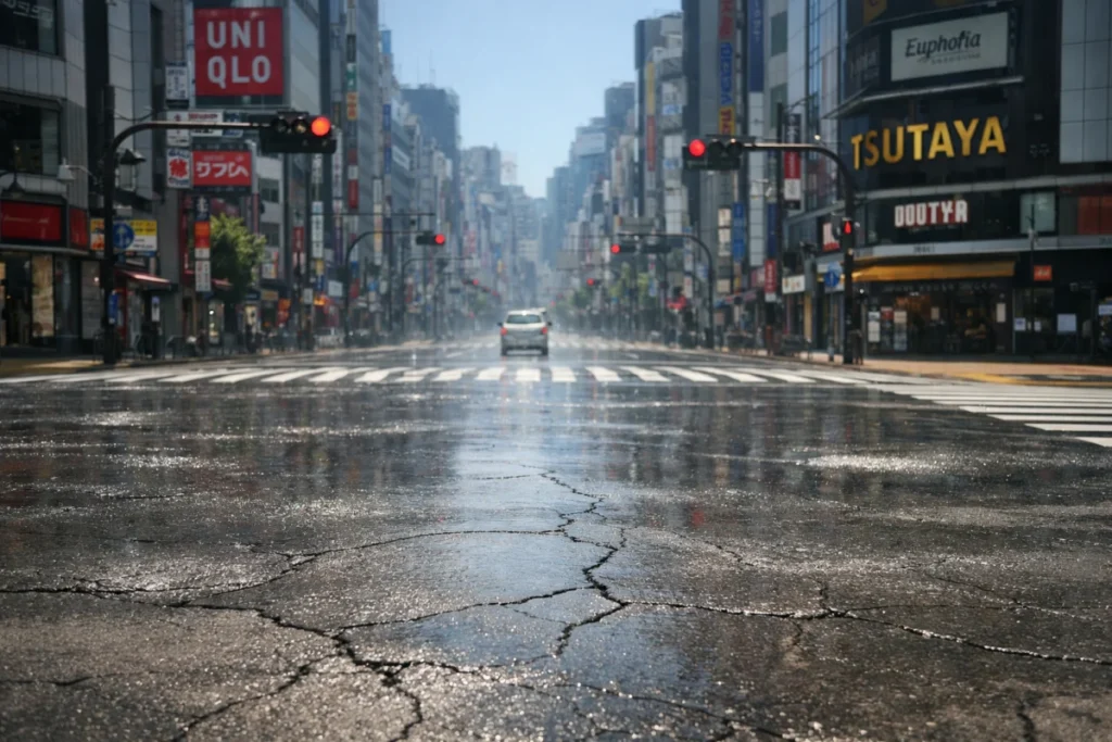 交差点のアスファルトに立つ陽炎の夏の正午