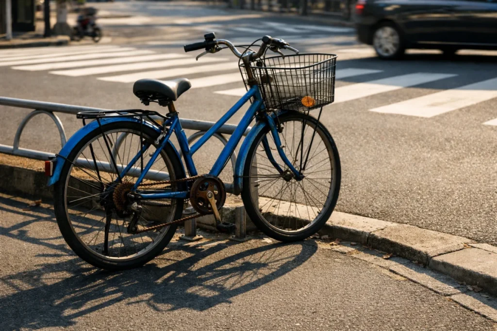 駐輪ラックに止められた青い自転車とその影