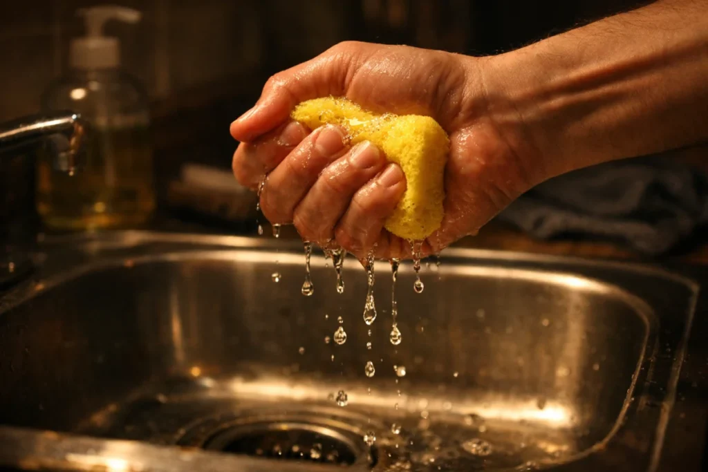 夜の台所でスポンジを水切りする手元の様子
