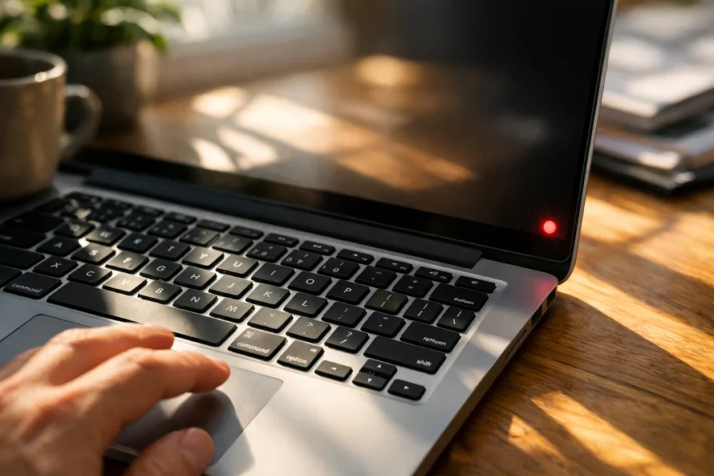 ノートPCのキーボードと画面の端に小さく光る赤い通知バッジ