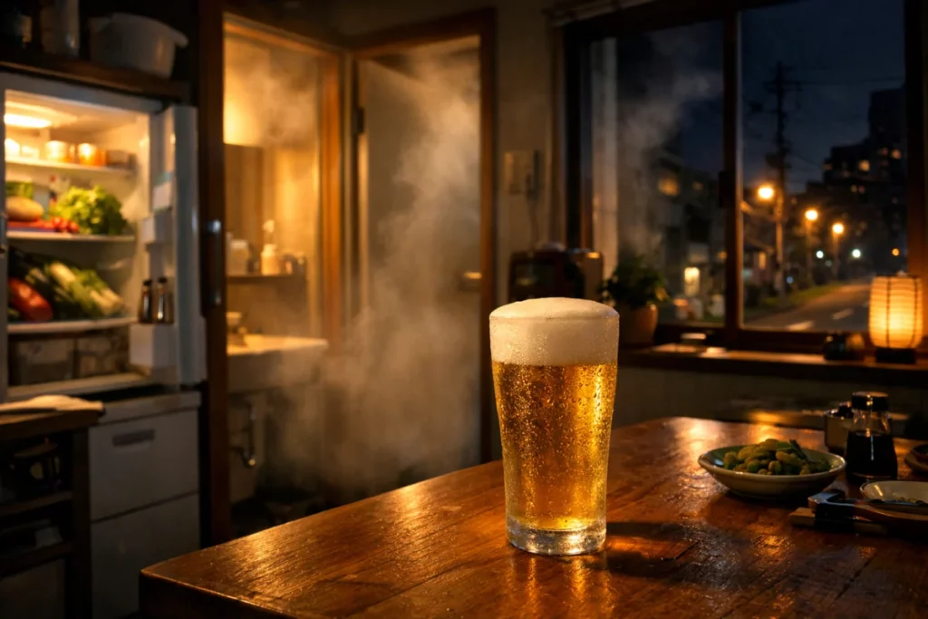 夜更けの東京の台所。ビールのグラスと湯気、窓の外の街灯。
