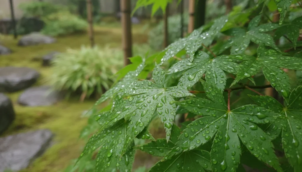 雨に濡れた庭の植物の葉
