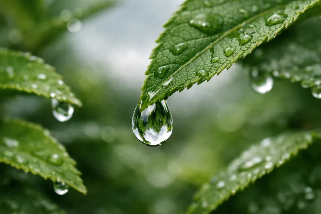 植え込みの葉先に残った小さな水滴、曇り空の下の午前中