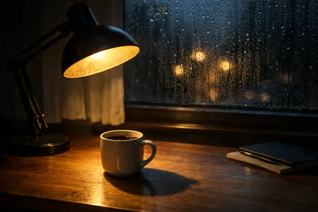 電気スタンドの灯りが机を照らし、コーヒーカップの影が伸びる。窓の外は小雨でガラスに水滴。