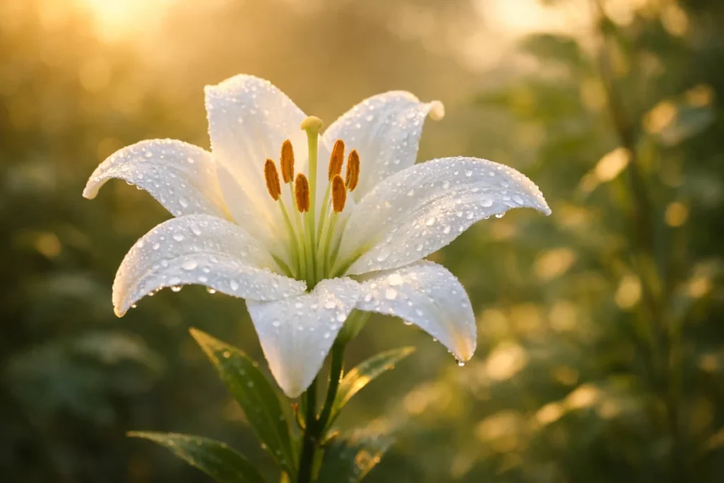 朝露に光る白いユリの花
