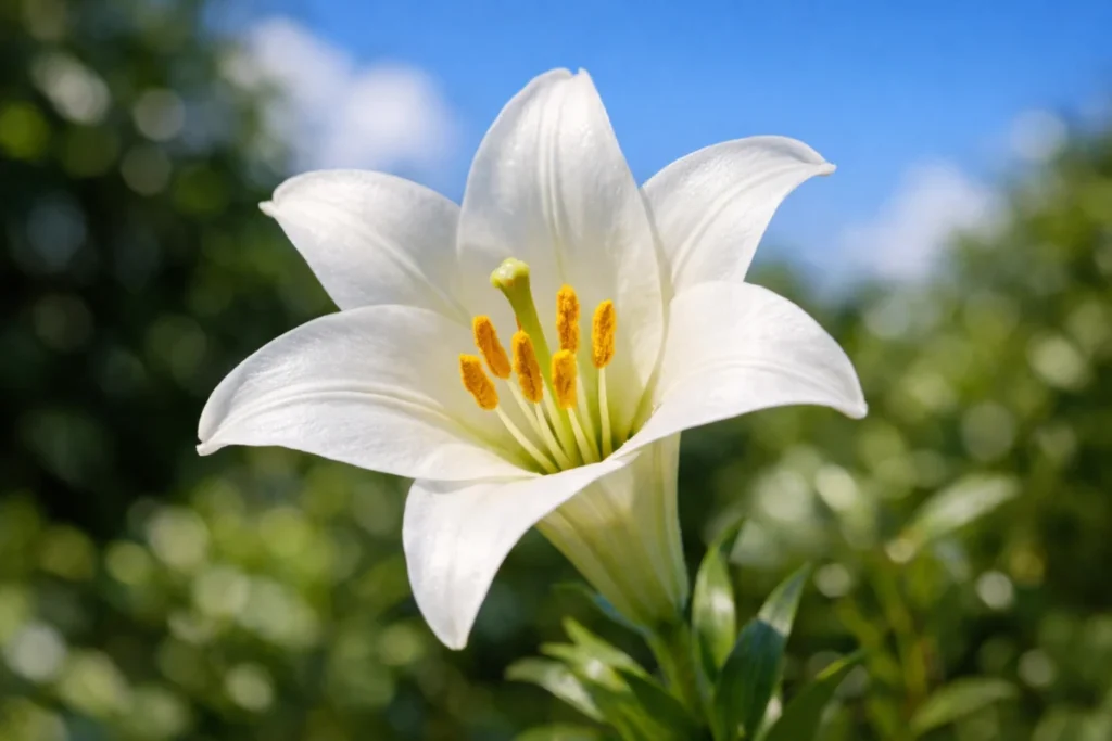 白いユリの花が真夏の日差しに咲く様子