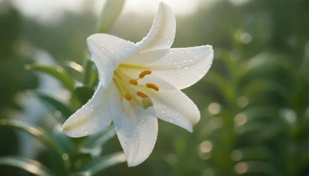 朝の光に照らされた白い百合の花