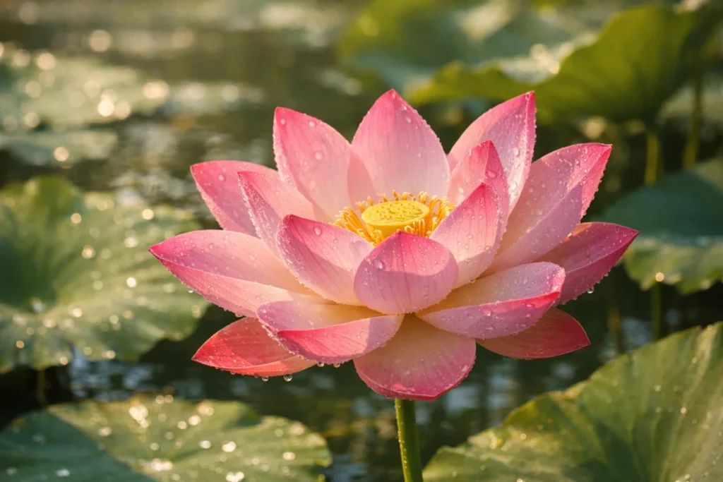 朝の池に咲く蓮の花