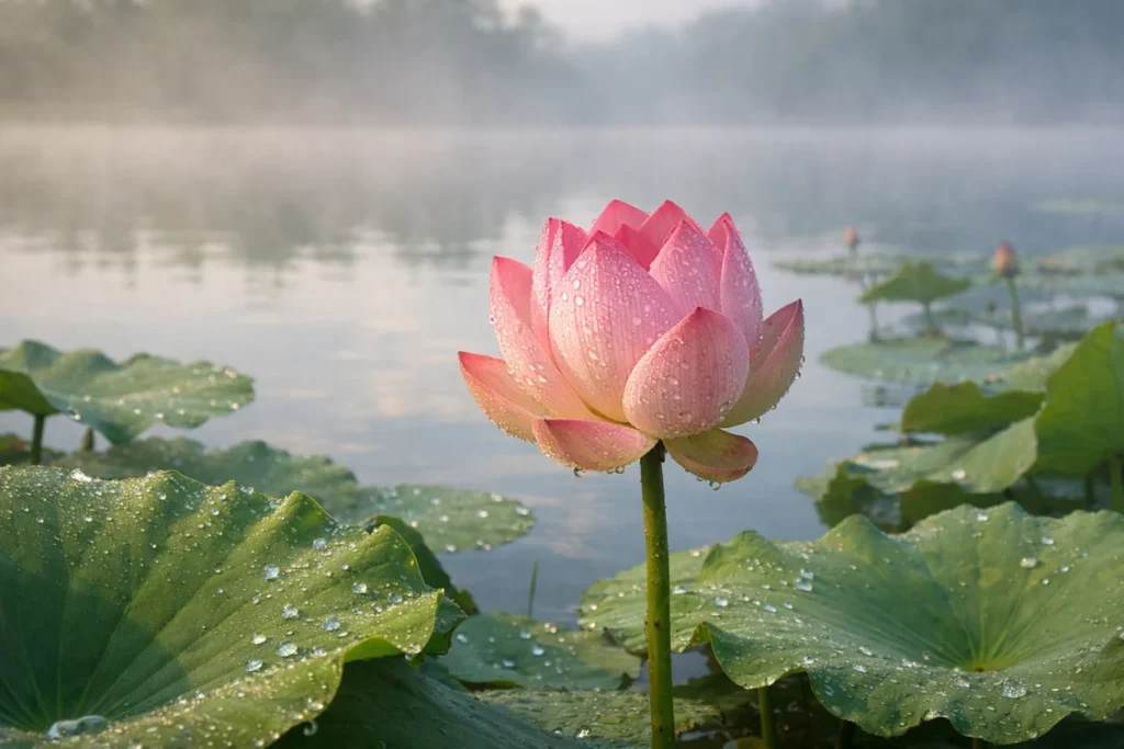 早朝の蓮池、半開きの蓮の花と葉の上の朝露