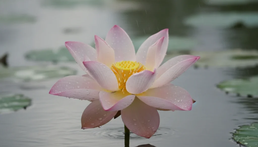 雨の朝に水滴を纏った蓮の花