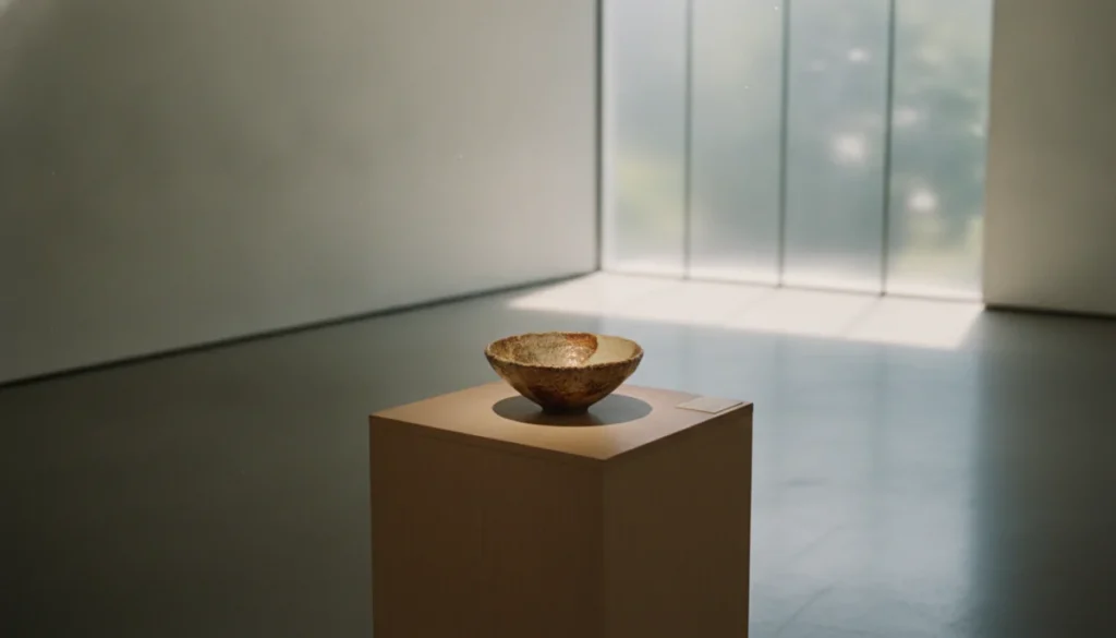 美術館の展示室に置かれた静かなルーシー・リーの陶器作品