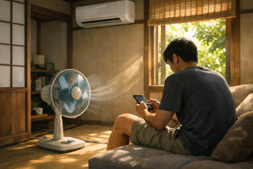 男性がソファでスマホを見ている様子、扇風機と窓外の夏の光