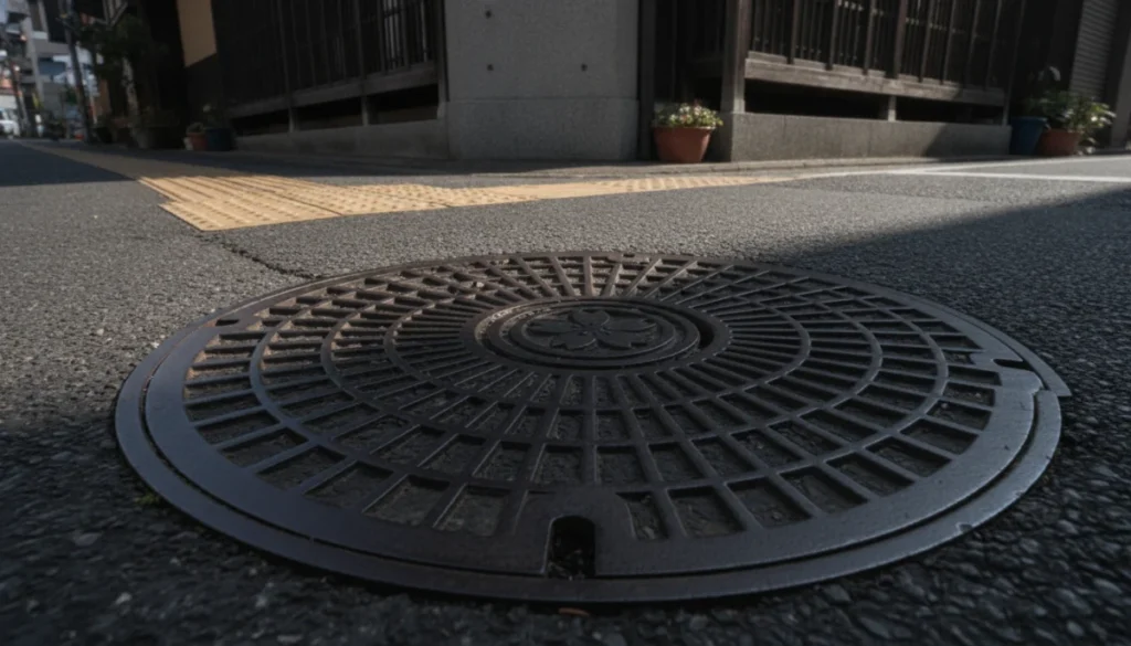 朝日が差すマンホールの蓋のクローズアップ
