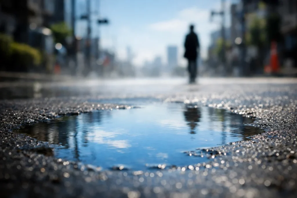 水溜まりの縁に立つ人影の後ろ姿