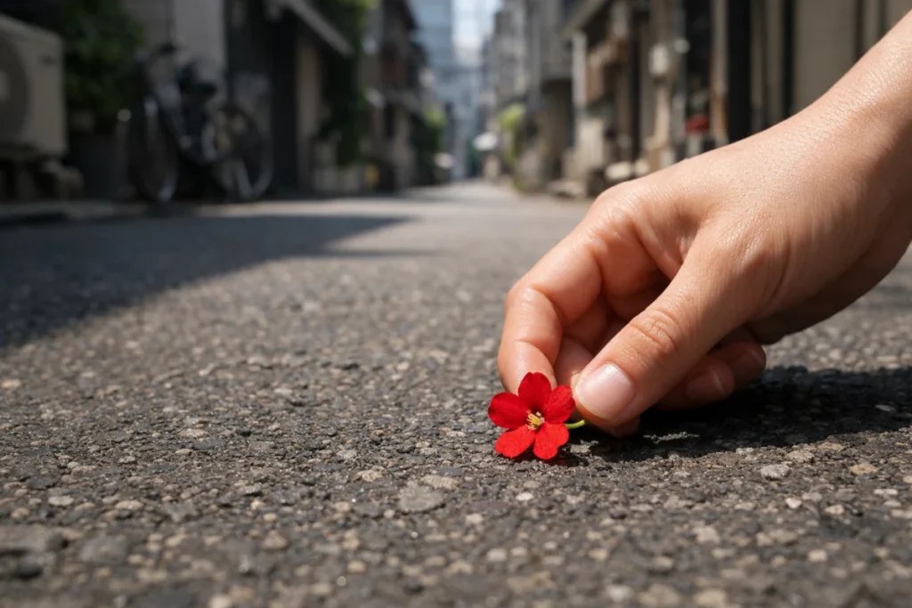 午前の路地のアスファルトに落ちた赤い小花と、それを拾い上げる指