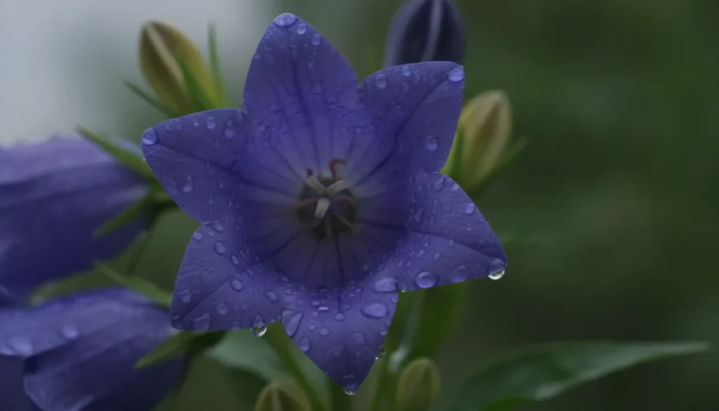 庭の軒先に咲くキキョウの蕾と花、滴る雨粒