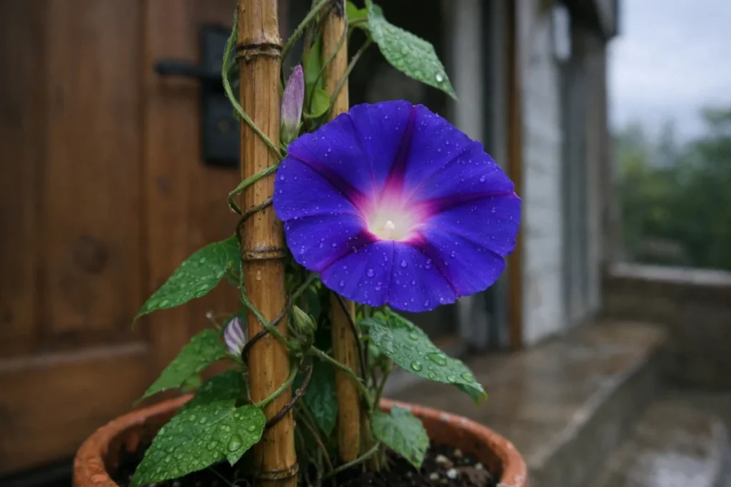 朝顔の花が咲く玄関先の鉢植え