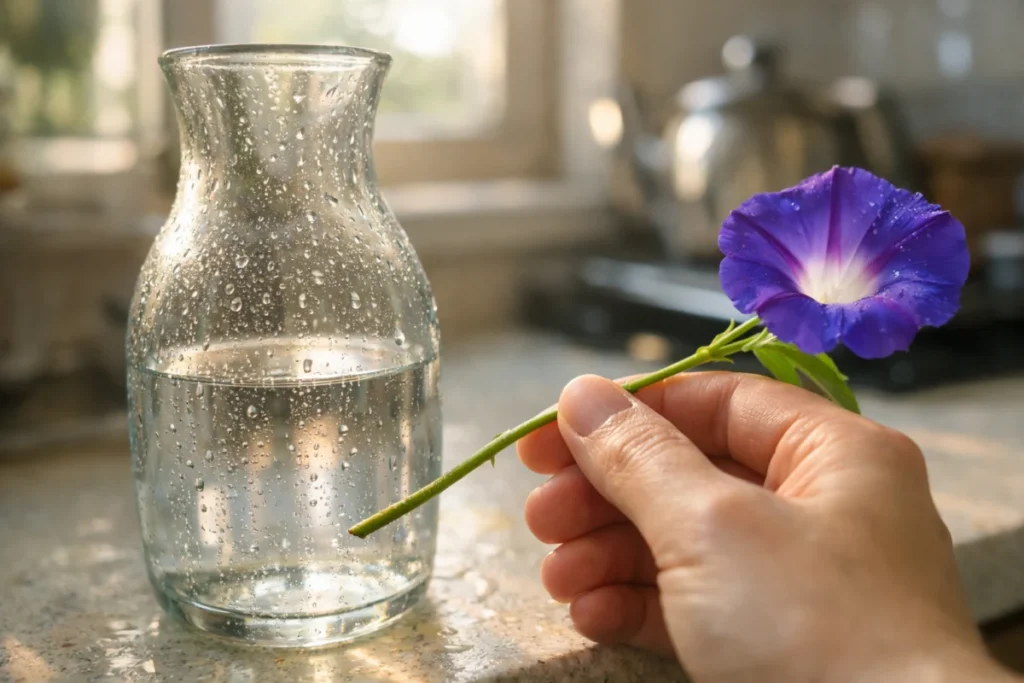 朝顔の茎を持つ手元と透明な花瓶