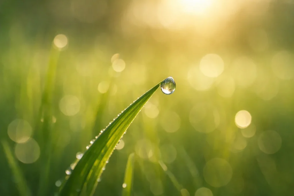 早朝の草むらで葉先に水滴が付いている様子