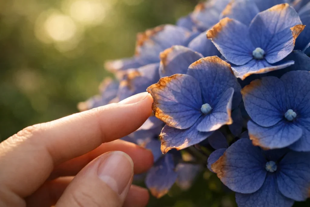 朝の光に照らされた紫陽花の花びらに触れる指先