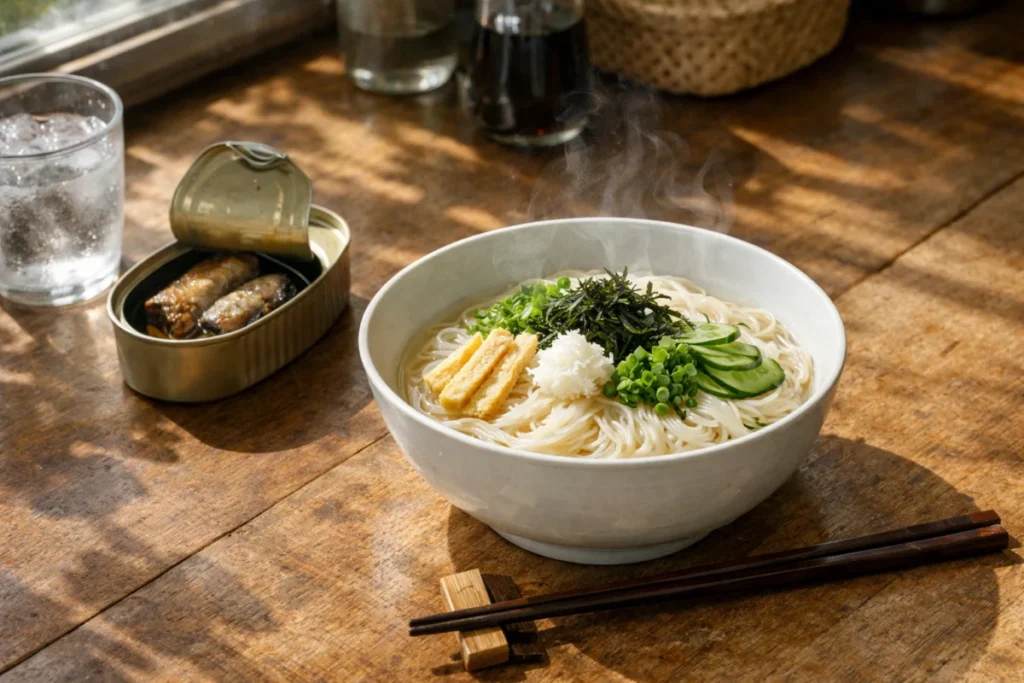 夏の朝、キッチンのカウンターにそうめんの器とサバ缶、箸が置かれている