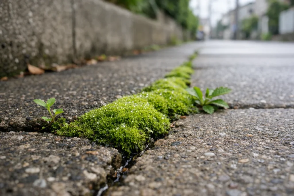 歩道脇のコンクリートの隙間に生えた緑色の苔、朝の湿った質感