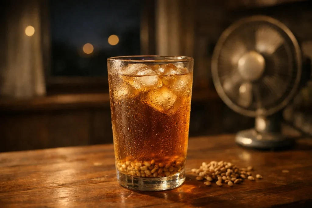 夜のキッチン、水滴のついた麦茶のグラス