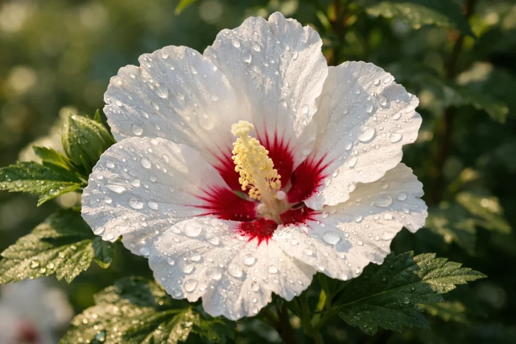 朝の光に映える白いむくげの花