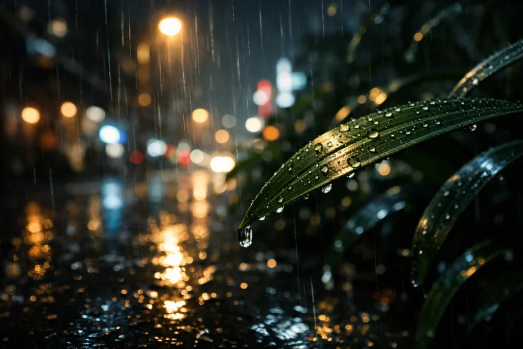 夜の霧雨に濡れた葉の先の水滴