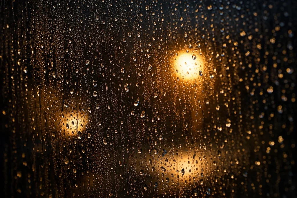 夜、雨の日の窓に浮かぶ水滴のアップ