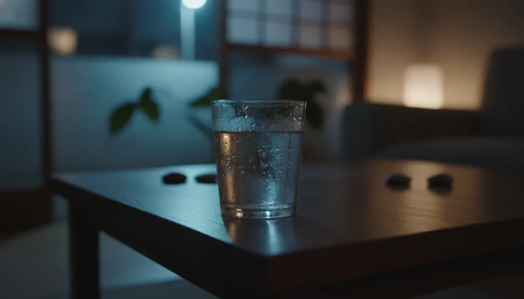 夜のリビングのテーブルに置かれた水滴のついたグラス