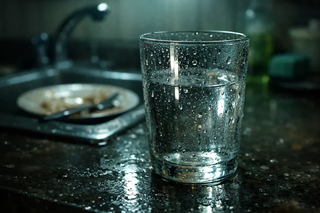 夜のキッチン、グラスの水滴
