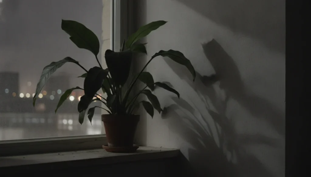 夜の窓辺に置かれた鉢植えの植物、葉が大きく広がっている