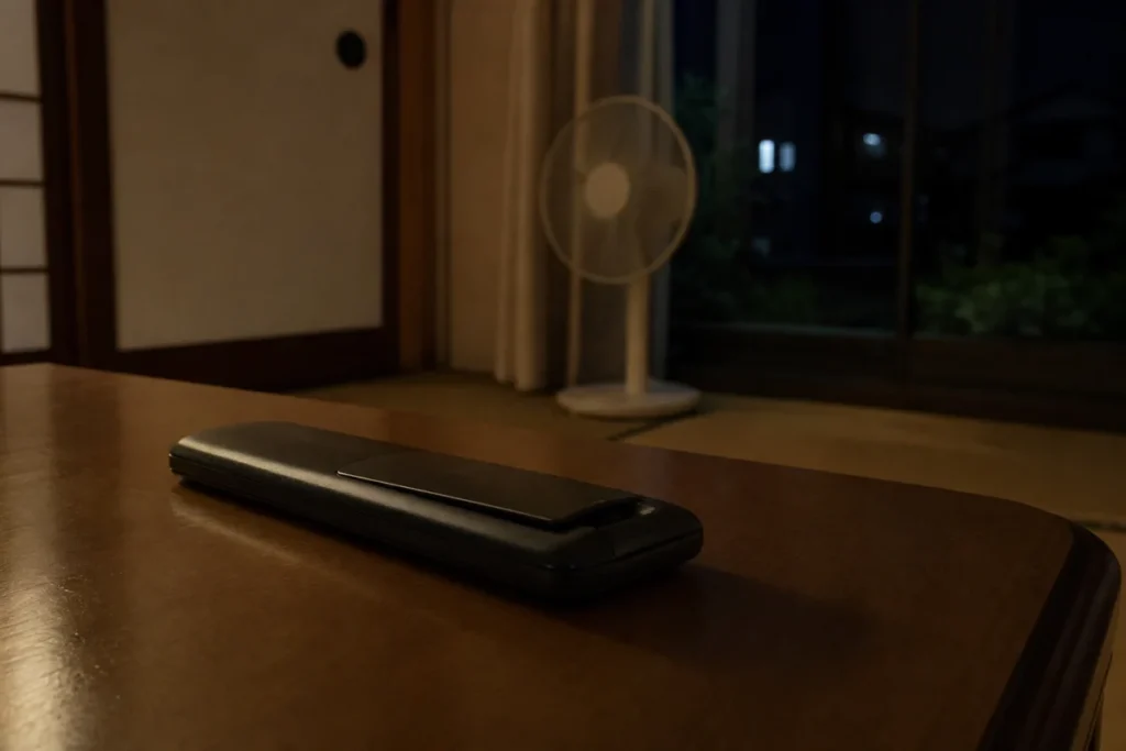 夜の室内で電池ぶたがわずかに浮いたリモコン
