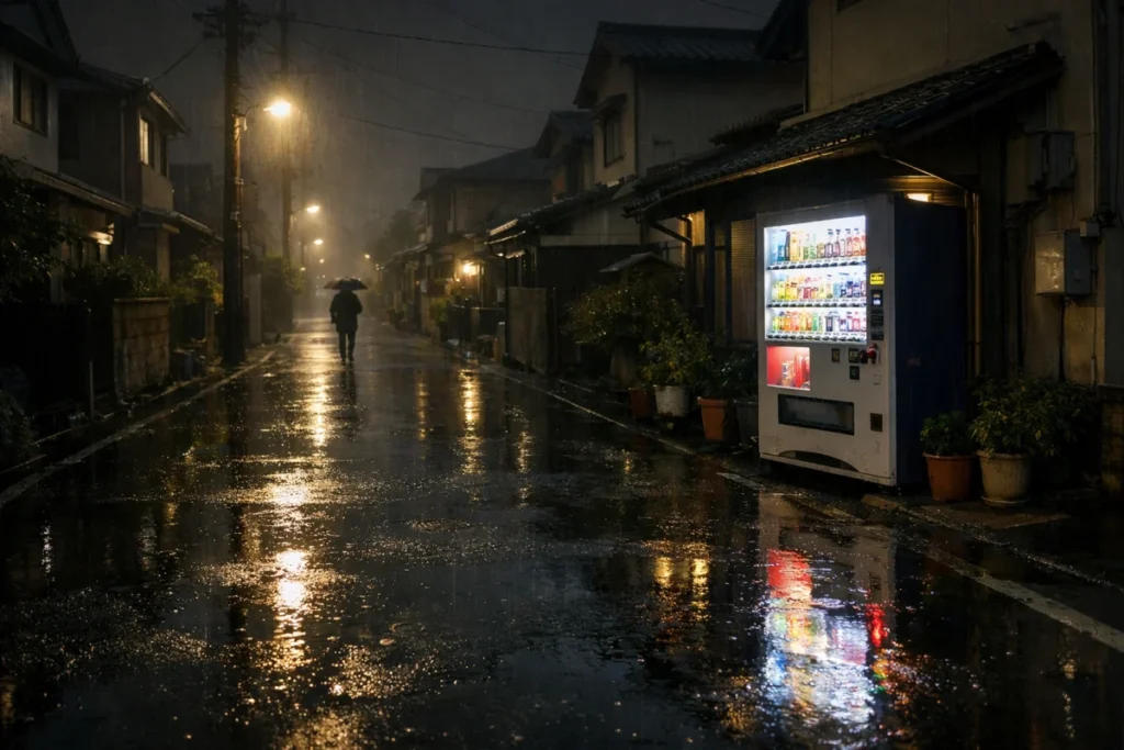 夜の霧雨に濡れたアスファルトと自販機の灯り