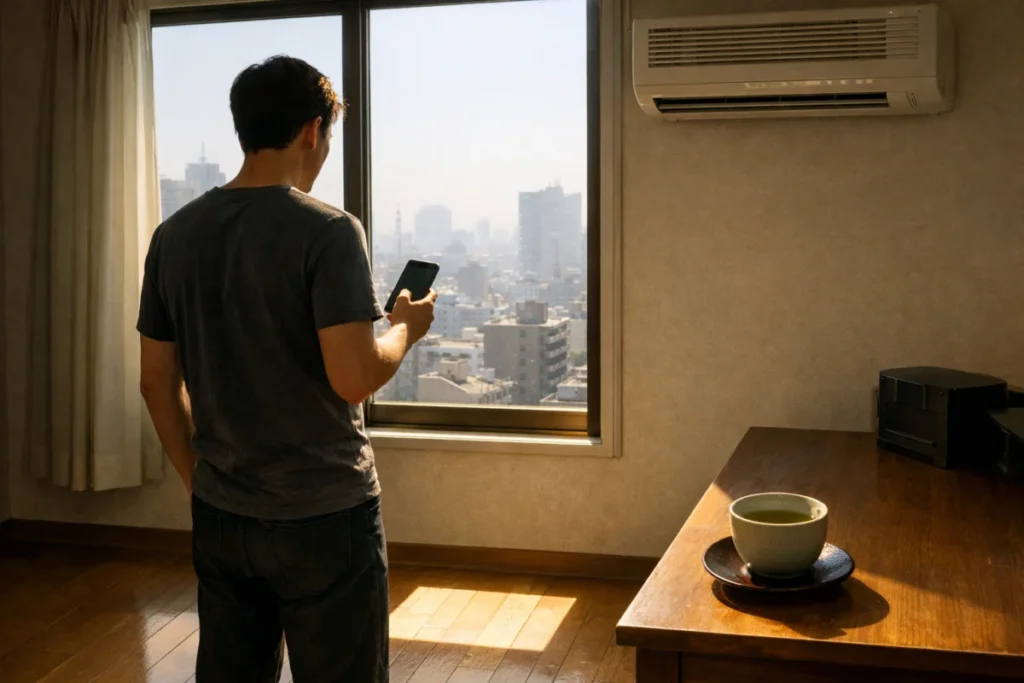 窓辺の机に伏せたスマートフォンと湯呑み