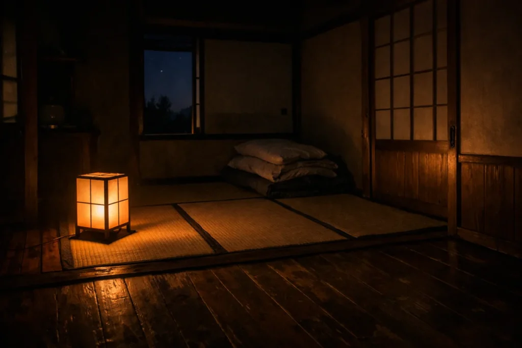 古い宿の夜、行灯の灯りが畳の部屋を照らす