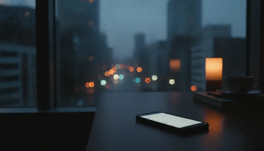 夕方の窓辺に置かれたスマートフォン。外は霧雨。