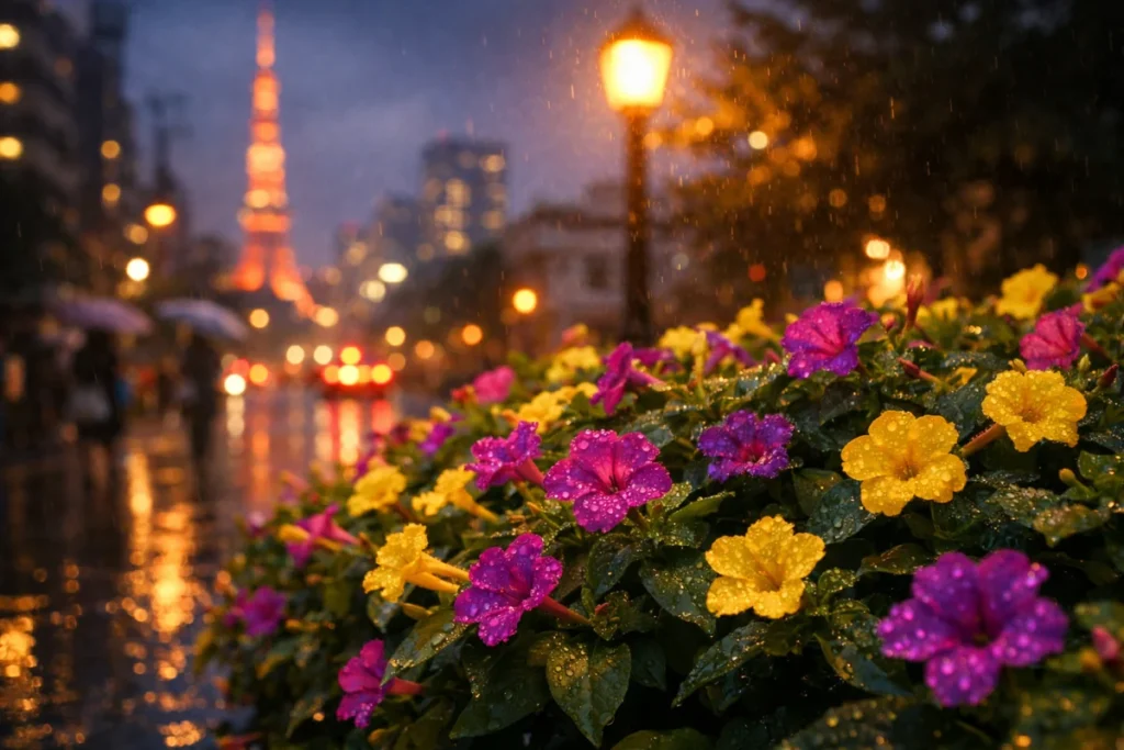 夕暮れの小雨に濡れるオシロイバナの花