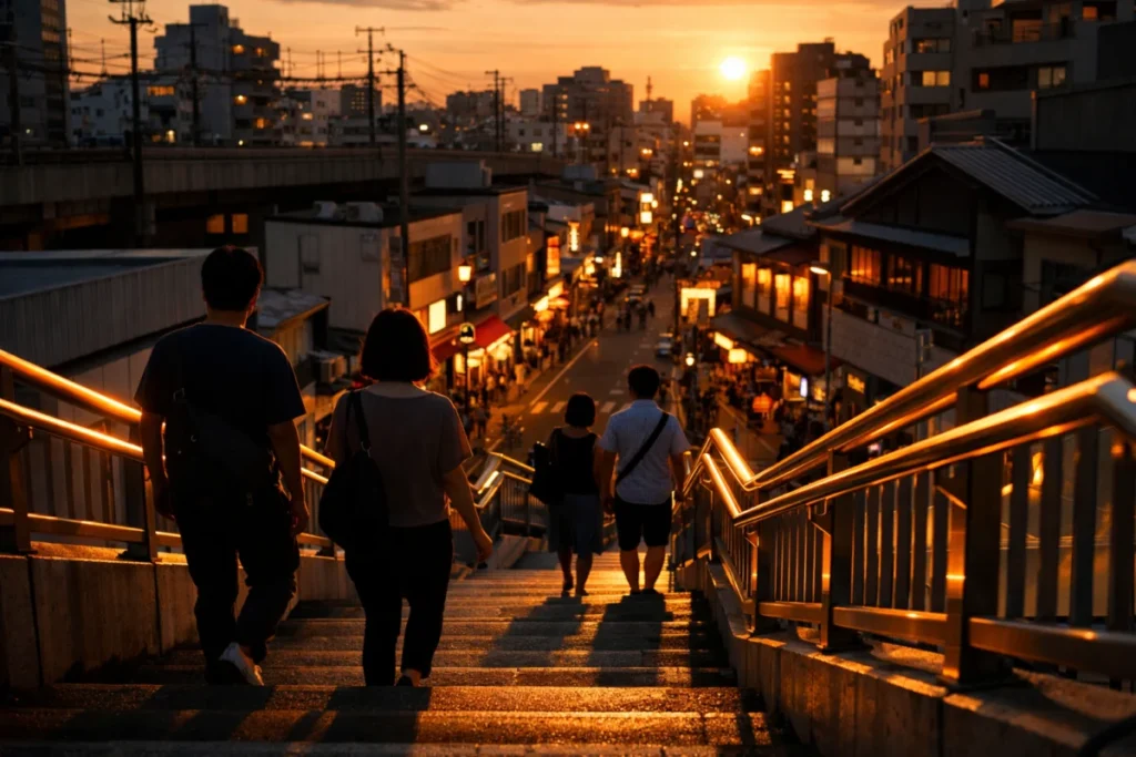 夕方の歩道橋の手すりと階段