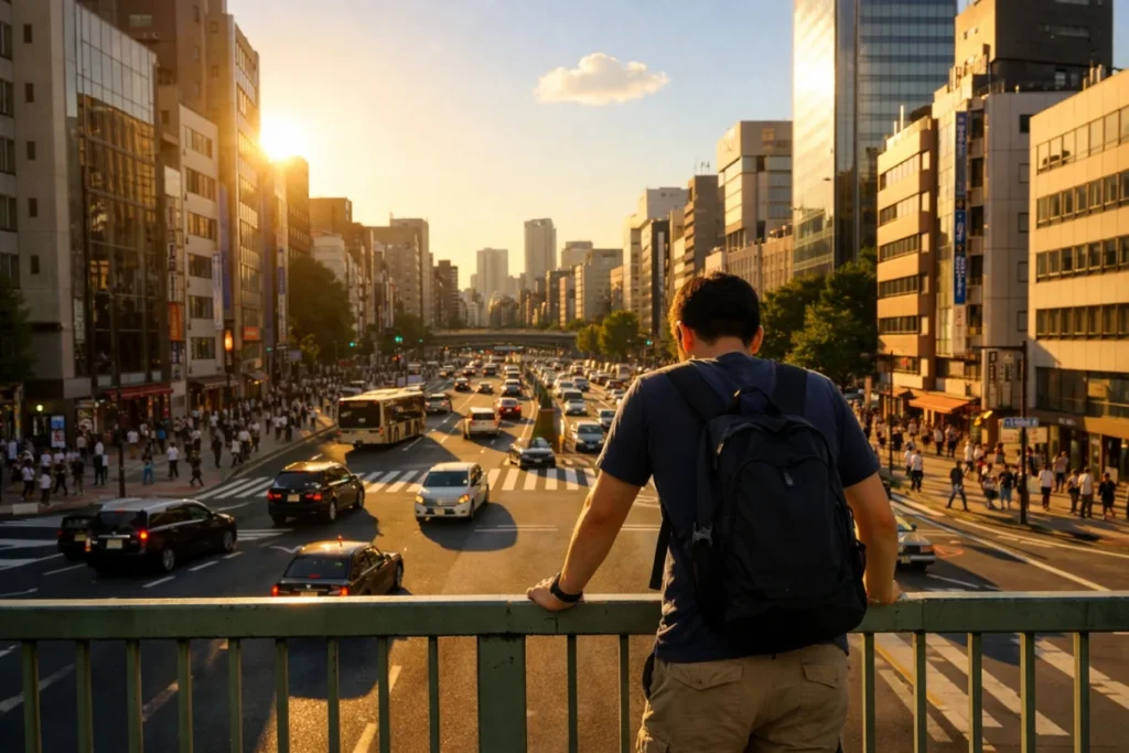 夕方の歩道橋の上から見た交差点の景色