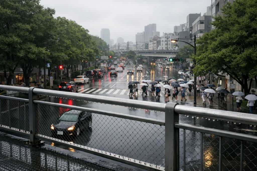雨の午後の歩道橋から見下ろす交差点の様子
