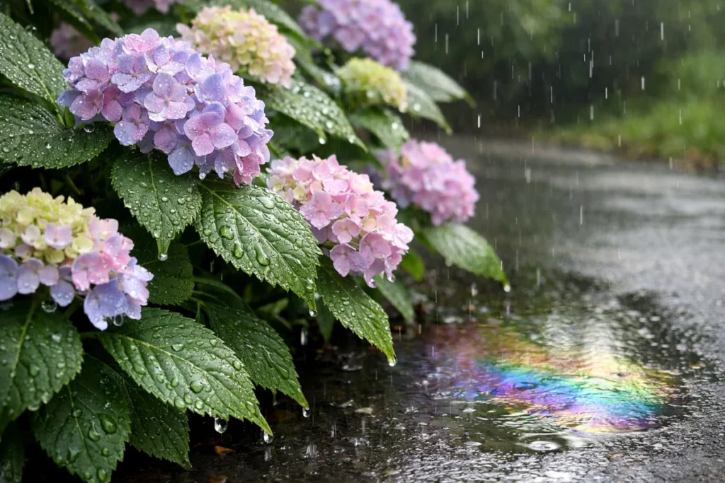 紫陽花の葉と花に溜まる雨粒のクローズアップ