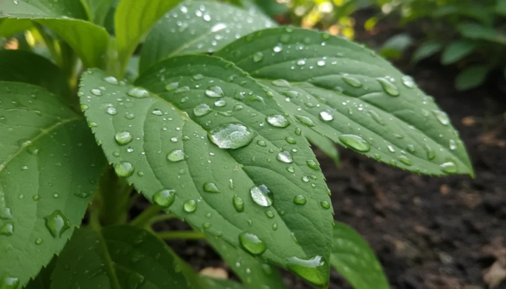 雨が止みかけた庭の草花に溜まる水滴