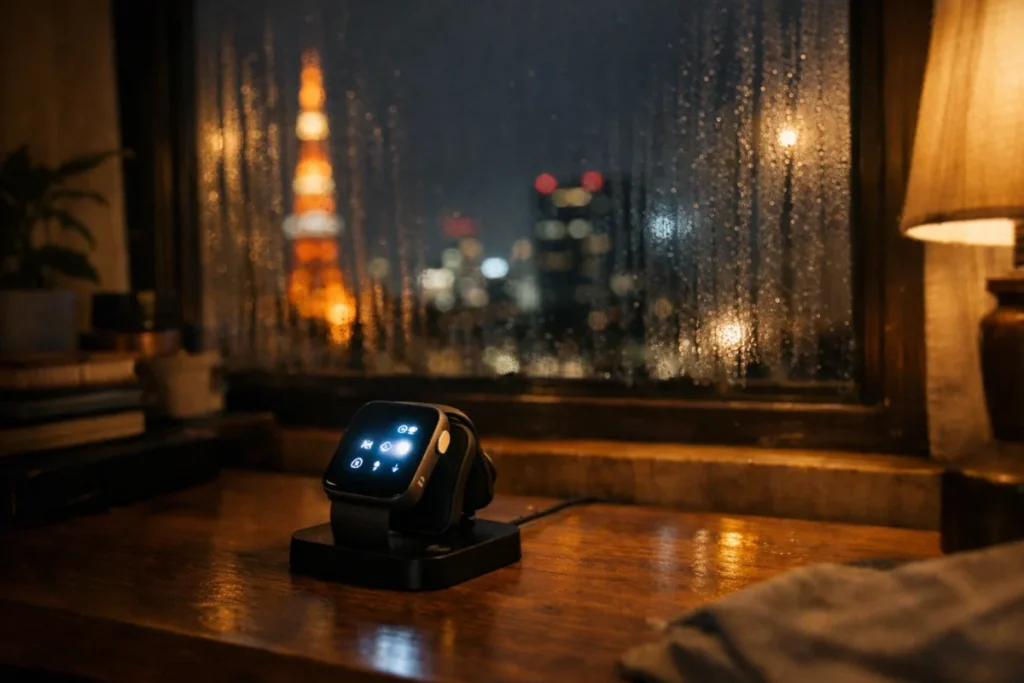 夜の机の上に置かれたスマートウォッチ