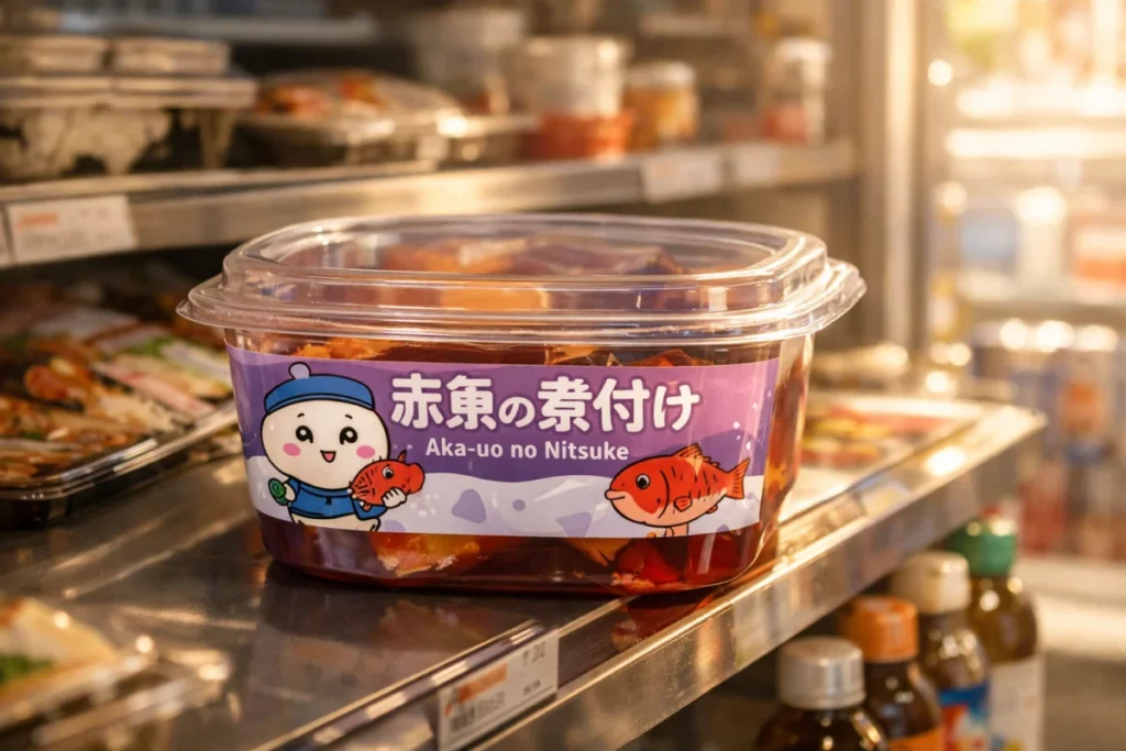 セブン-イレブンの棚に並ぶちいかわコラボの赤魚の煮付のパッケージ